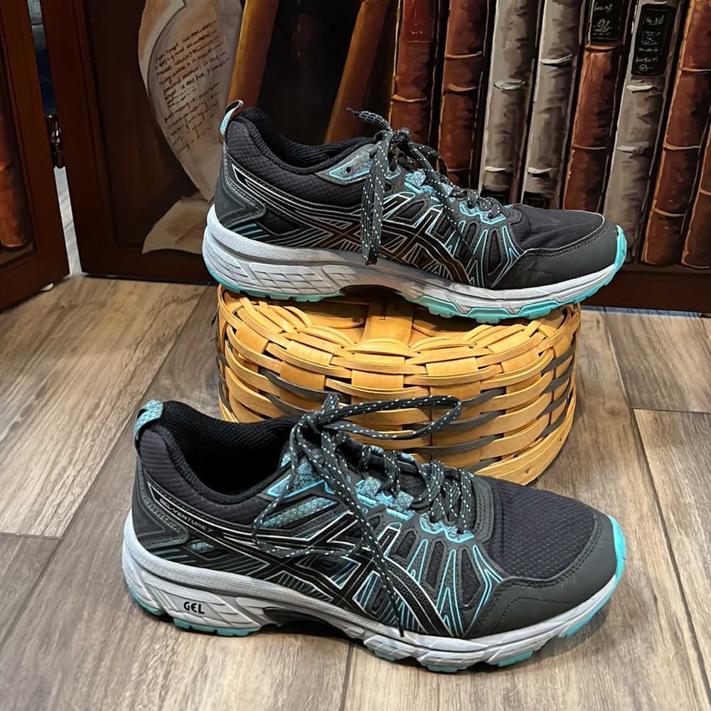 Women’s Size 8 ASICS Gel Insoled Tennis Shoes Black and Blue Good Condition Used - Picture 2 of 8